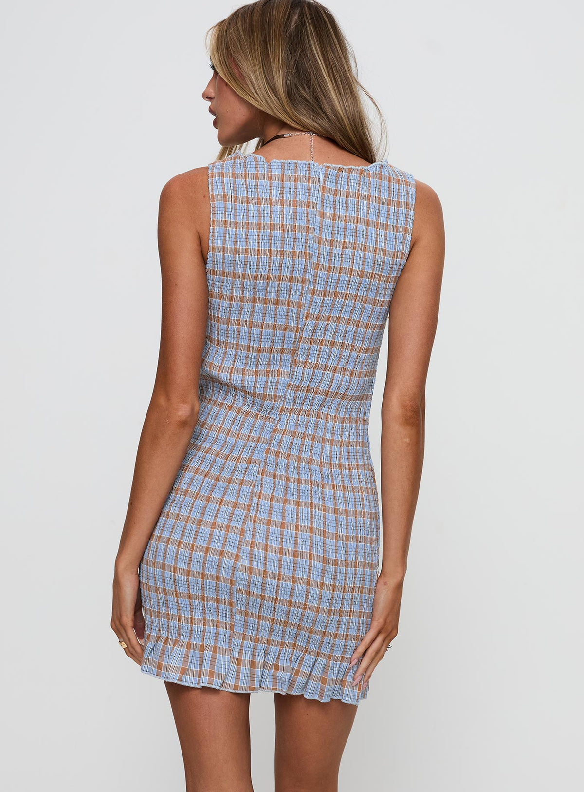 back view of model wearing Princess Polly Cecilea Shirred Mini Dress Blue High Neck 