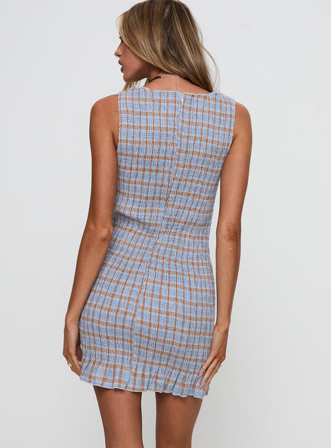 back view of model wearing Princess Polly Cecilea Shirred Mini Dress Blue High Neck 