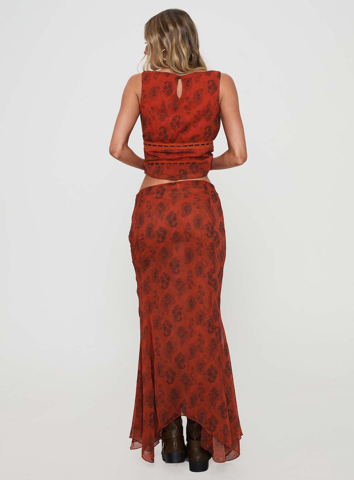 back view of model wearing Princess Polly Nikolise Maxi Skirt Red Maxi Skirts Skirts 