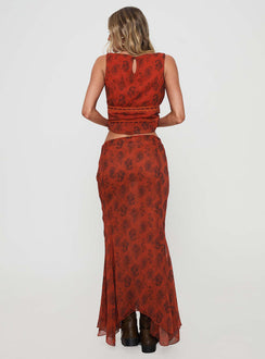 back view of model wearing Princess Polly Nikolise Maxi Skirt Red Maxi Skirts Skirts 
