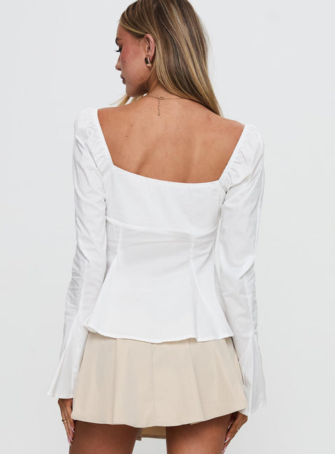 back view of model wearing Princess Polly Lilibette Tie Up Long Sleeve Top White Full Sleeves Square Neck 