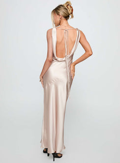 back view of model wearing Princess Polly Northern Star Maxi Dress Champagne V-Neck 