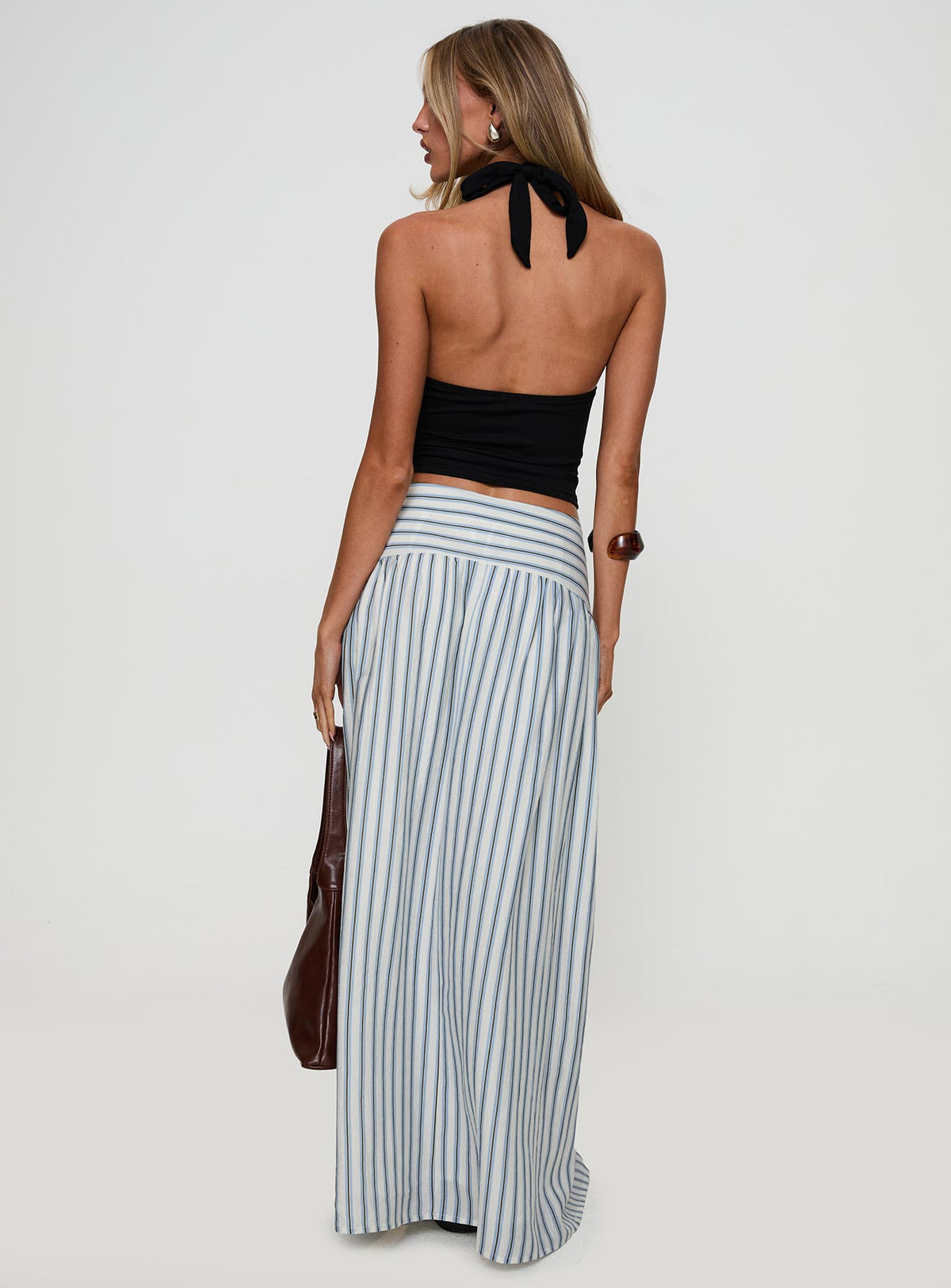 back view of model wearing Princess Polly Find Your Love Flowy Maxi Skirt White Maxi Skirts Skirts 