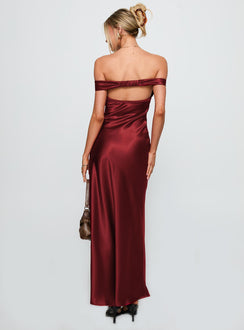 back view of model wearing Princess Polly Heartthrobs Off The Shoulder Maxi Dress Red Sweetheart Neckline 