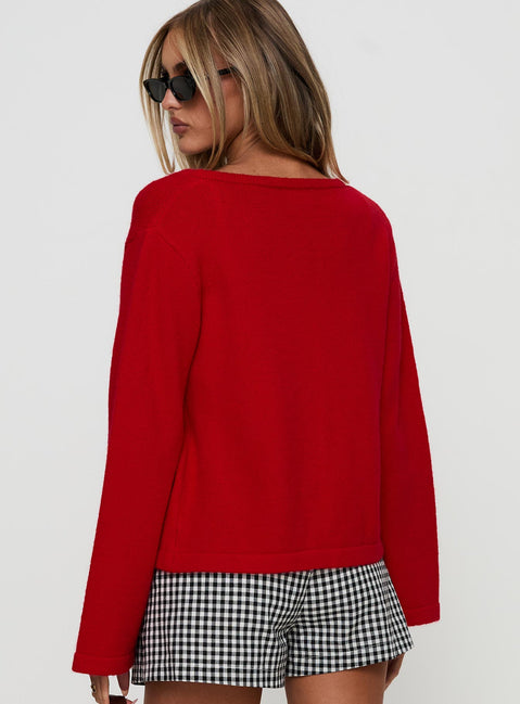 back view of model wearing Princess Polly Norine Tie Up Knit Sweater Red Cropped Jumpers Jumpers 