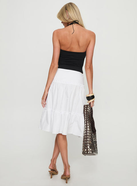 Elegantly styled Cascades Low Rise Midi Skirt White womens-skirts in midi length back view of model wearing