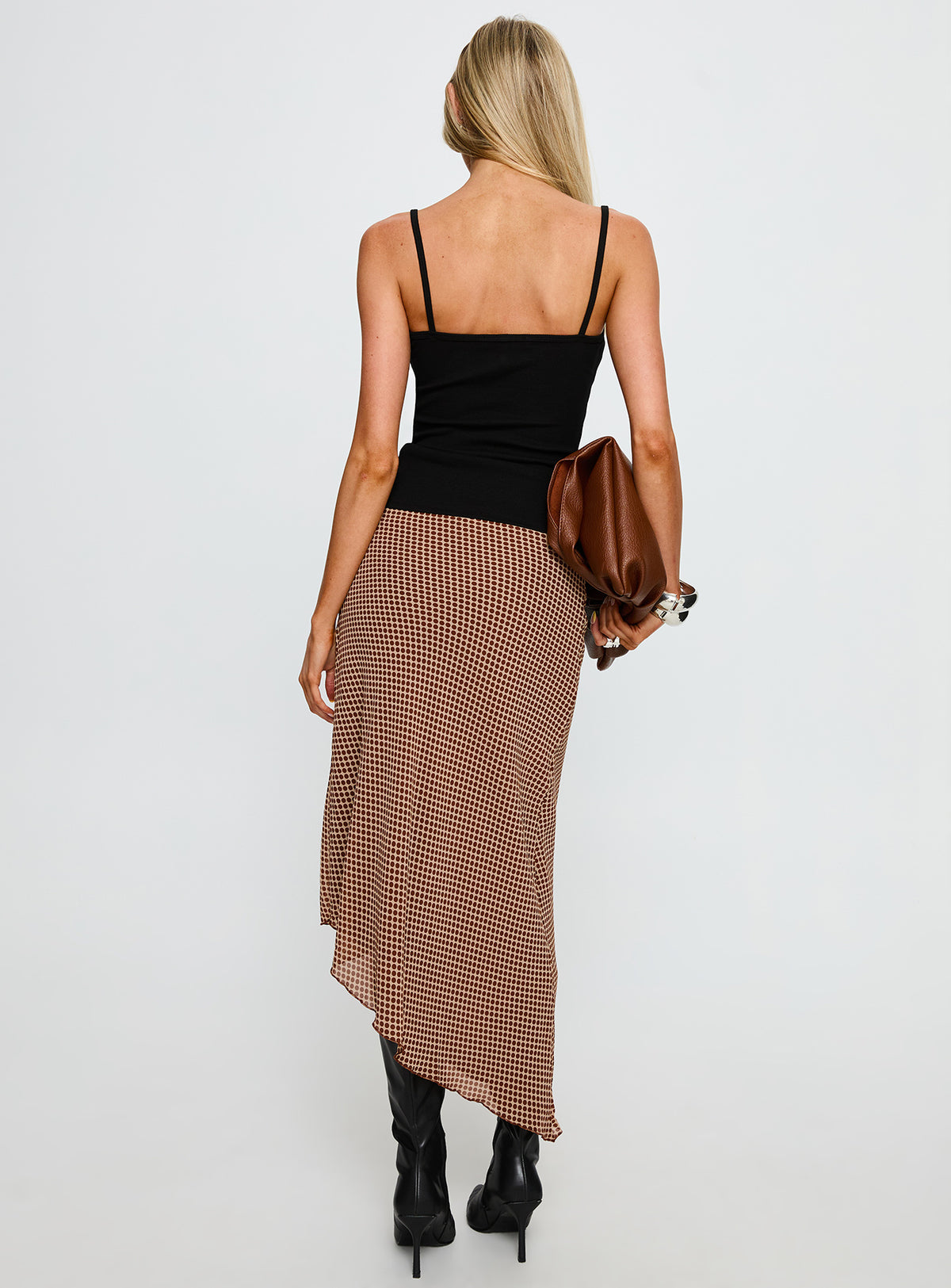 back view of model wearing Princess Polly Suella Asymmetrical Midi Skirt Brown Polka Dot Midi Skirts 