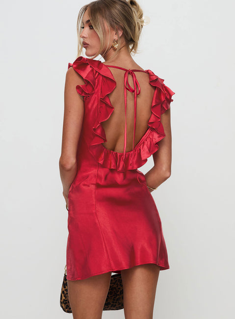 back view of model wearing Princess Polly Butacup Frill Mini Dress Red V-Neck 