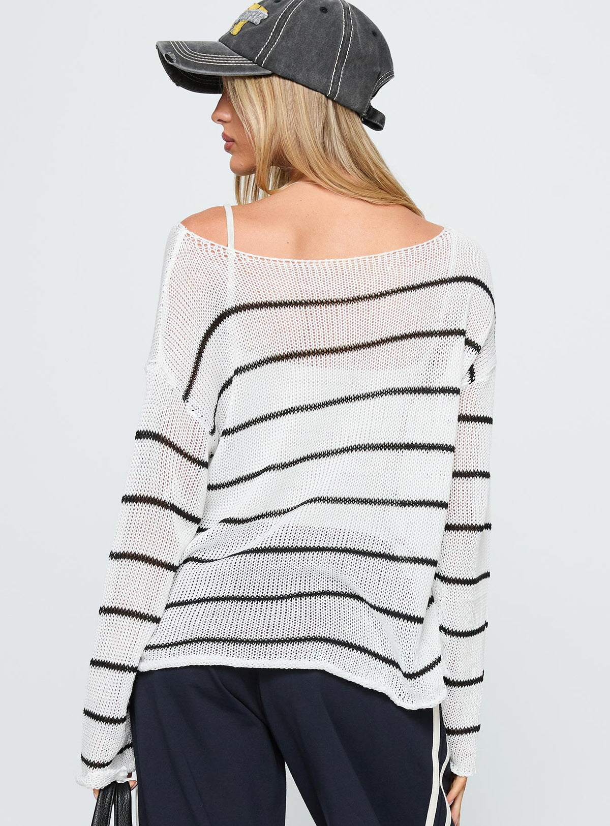 back view of model wearing Princess Polly Alperton Knit Sweater Cream Stripe Longline Jumpers Jumpers 