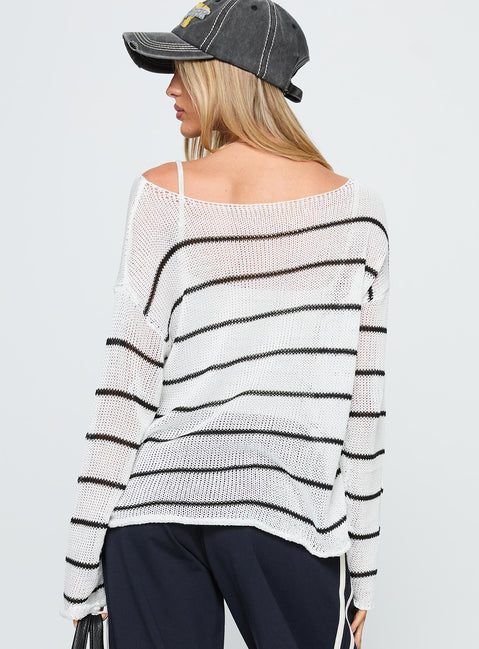 back view of model wearing Princess Polly Alperton Knit Sweater Cream Stripe Longline Jumpers Jumpers 