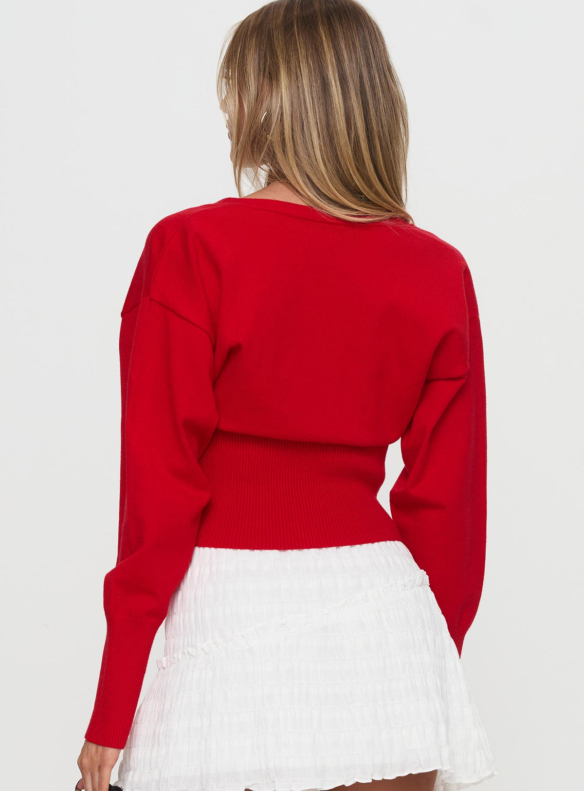 back view of model wearing Princess Polly Wistfully Knit Cardigan Red Jumpers 