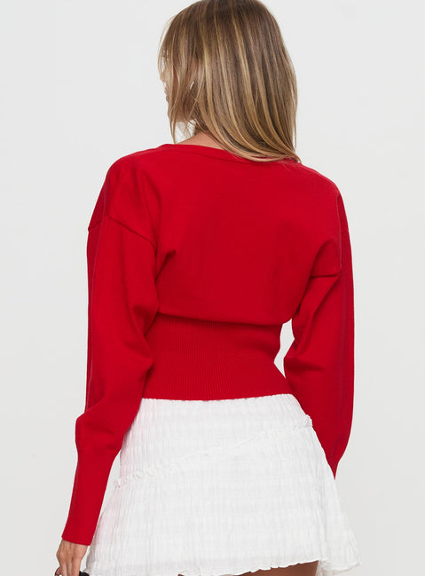 back view of model wearing Princess Polly Wistfully Knit Cardigan Red Jumpers 
