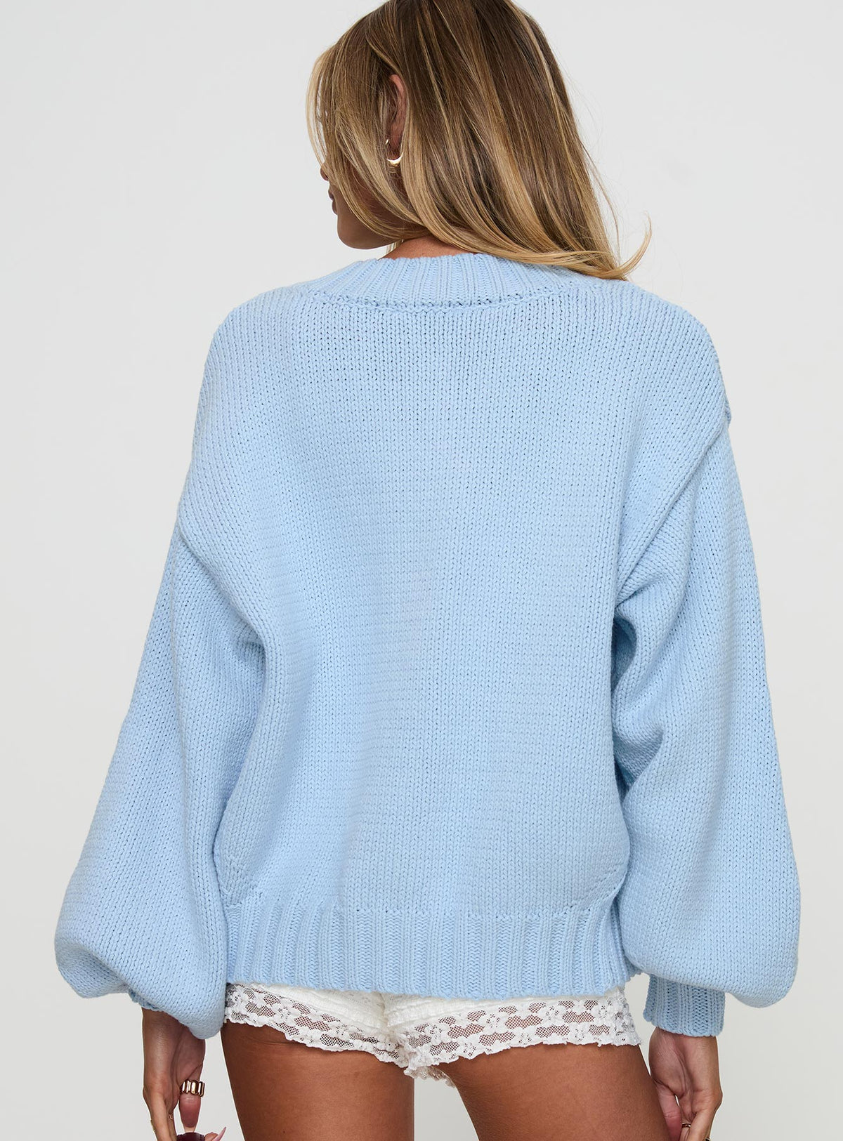 back view of model wearing Princess Polly Edern Cardigan Blue cropped Jumpers 