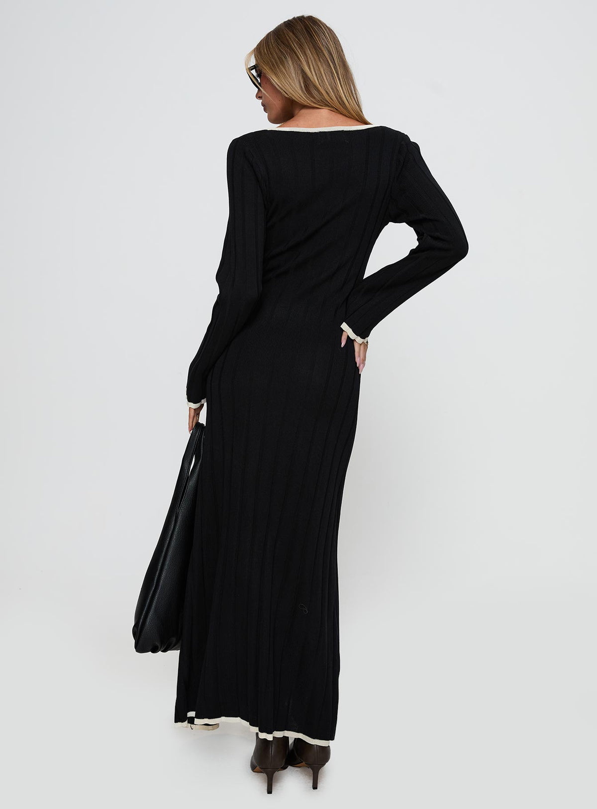 back view of model wearing Princess Polly Claira Long Sleeve Maxi Dress Black Plunger 