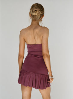 back view of model wearing Princess Polly Love Lingers Strapless Mini Dress Burgundy Petite Straight Neck 