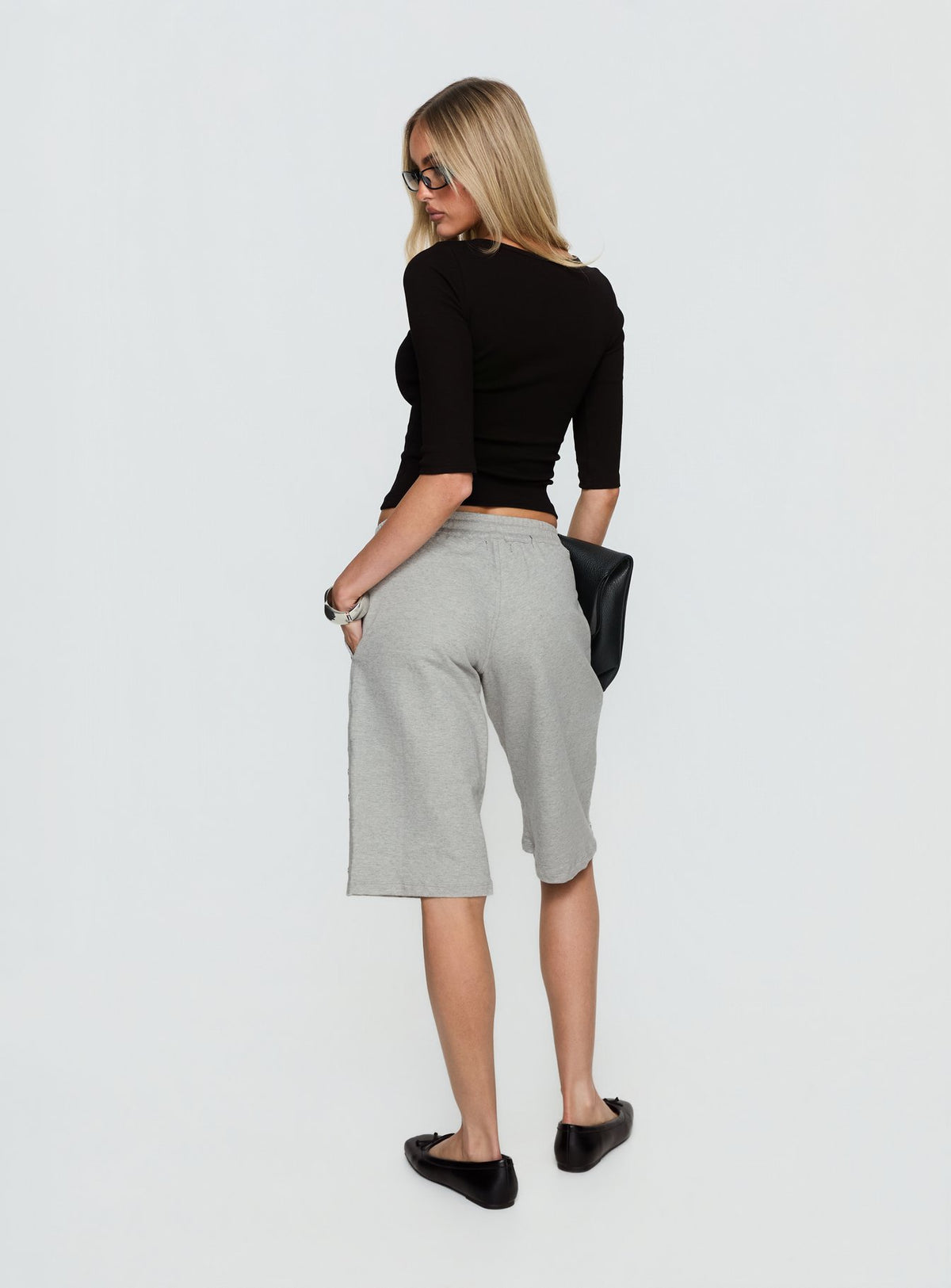 back view of model wearing Princess Polly Kether Longline Basketball Studs Short Grey Marle Mid Rise Pants Pants 