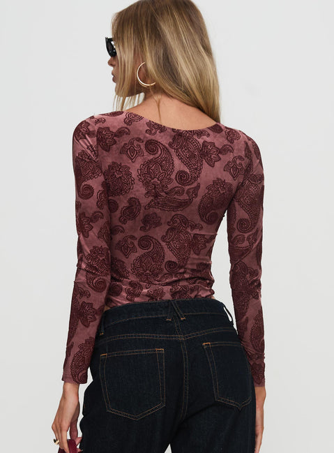 back view of model wearing Princess Polly Spruce Bodysuit Red Paisley Long Sleeve Tops Bodysuit 