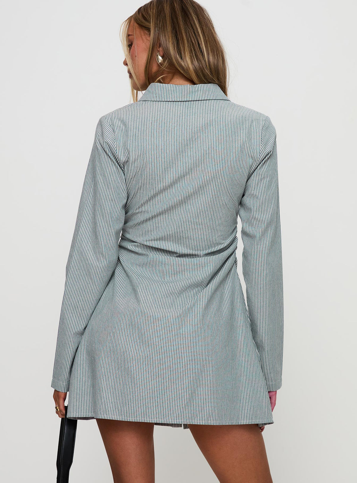 back view of model wearing Princess Polly Publicity Long Sleeve Mini Dress Blue Pinstripe V-Neck 