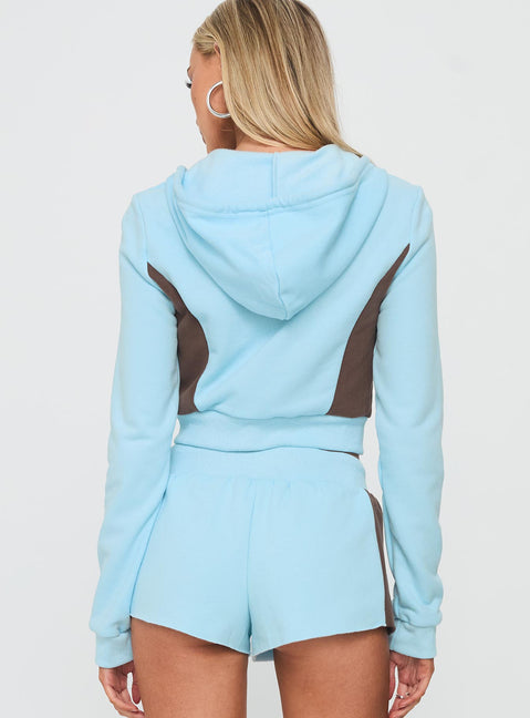 back view of model wearing Princess Polly Notable Double Zipper Jumper Blue cropped Jumpers 