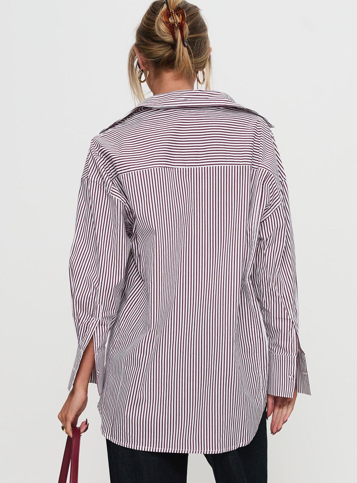 back view of model wearing Princess Polly Takes You Far Shirt Burgundy Stripe Full Sleeves V-Neck 