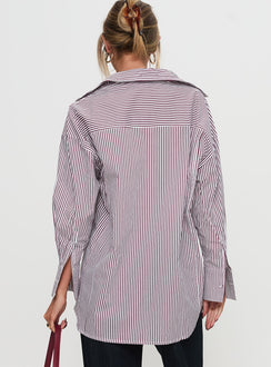 back view of model wearing Princess Polly Takes You Far Shirt Burgundy Stripe Full Sleeves V-Neck 