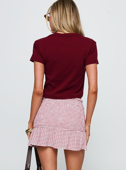 back view of model wearing Princess Polly Real Love Baby Shirred Mini Skirt Red White Check Mini Skirts Skirts 