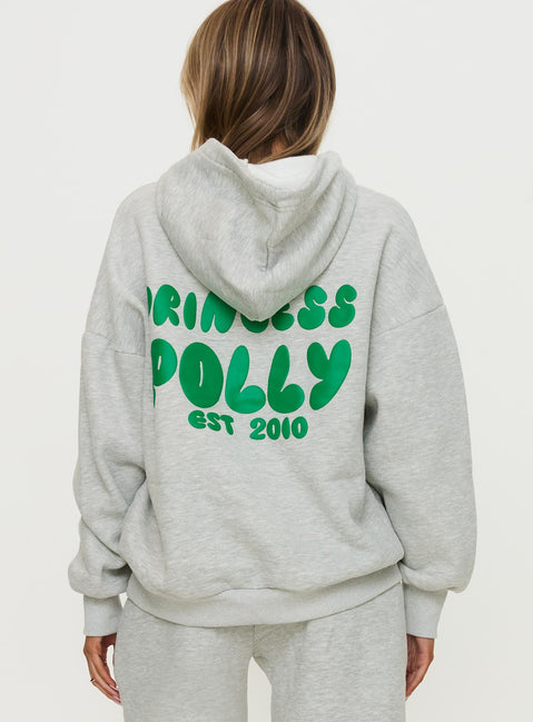 back view of model wearing Princess Polly Princess Polly Hooded Sweatshirt Bubble Text Grey Marle / Green Jumpers 