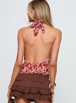 back view of model wearing Princess Polly Two Ghosts Low Back Halter Top Red Floral Sleeveless V-Neck 