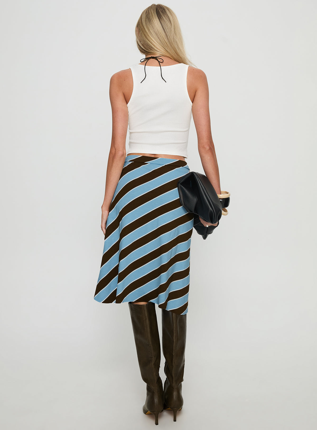 back view of model wearing Princess Polly Esmeray Midi Skirt Retro Stripe Blue Midi Skirts Skirts 
