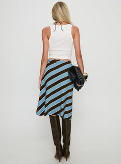 back view of model wearing Princess Polly Esmeray Midi Skirt Retro Stripe Blue Midi Skirts Skirts 