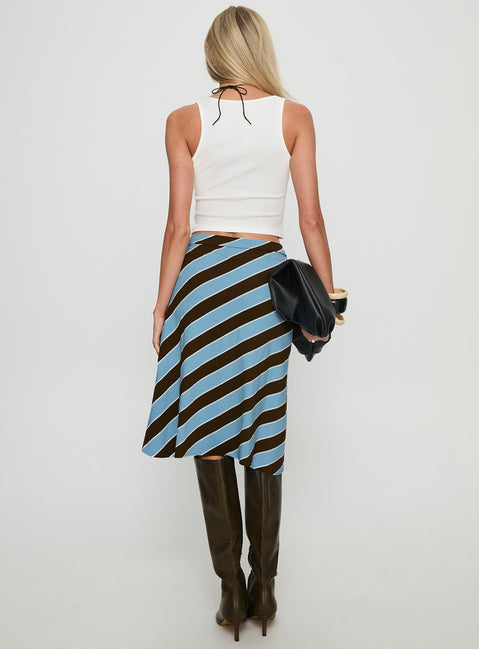 back view of model wearing Princess Polly Esmeray Midi Skirt Retro Stripe Blue Midi Skirts Skirts 