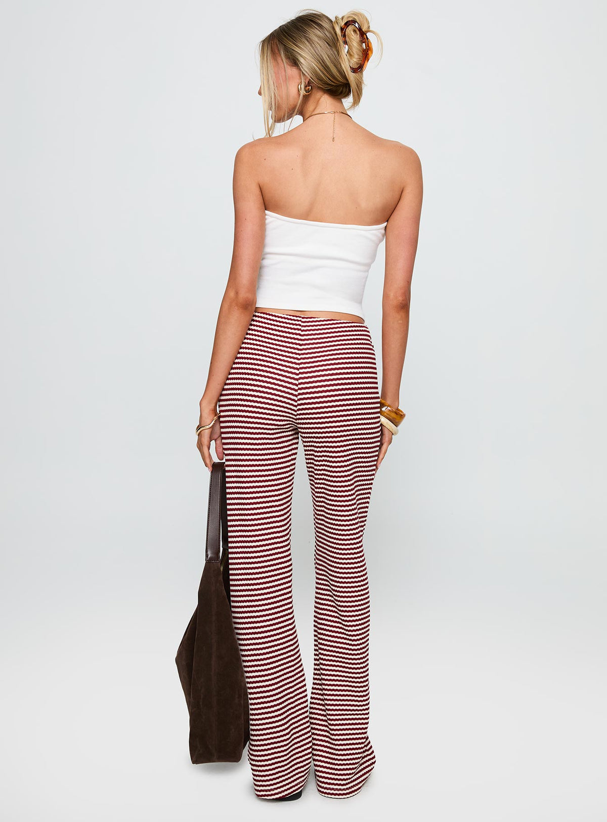 back view of model wearing Princess Polly Next To Me Lounge Pant Red / White Stripe Low Rise Pants Pants 
