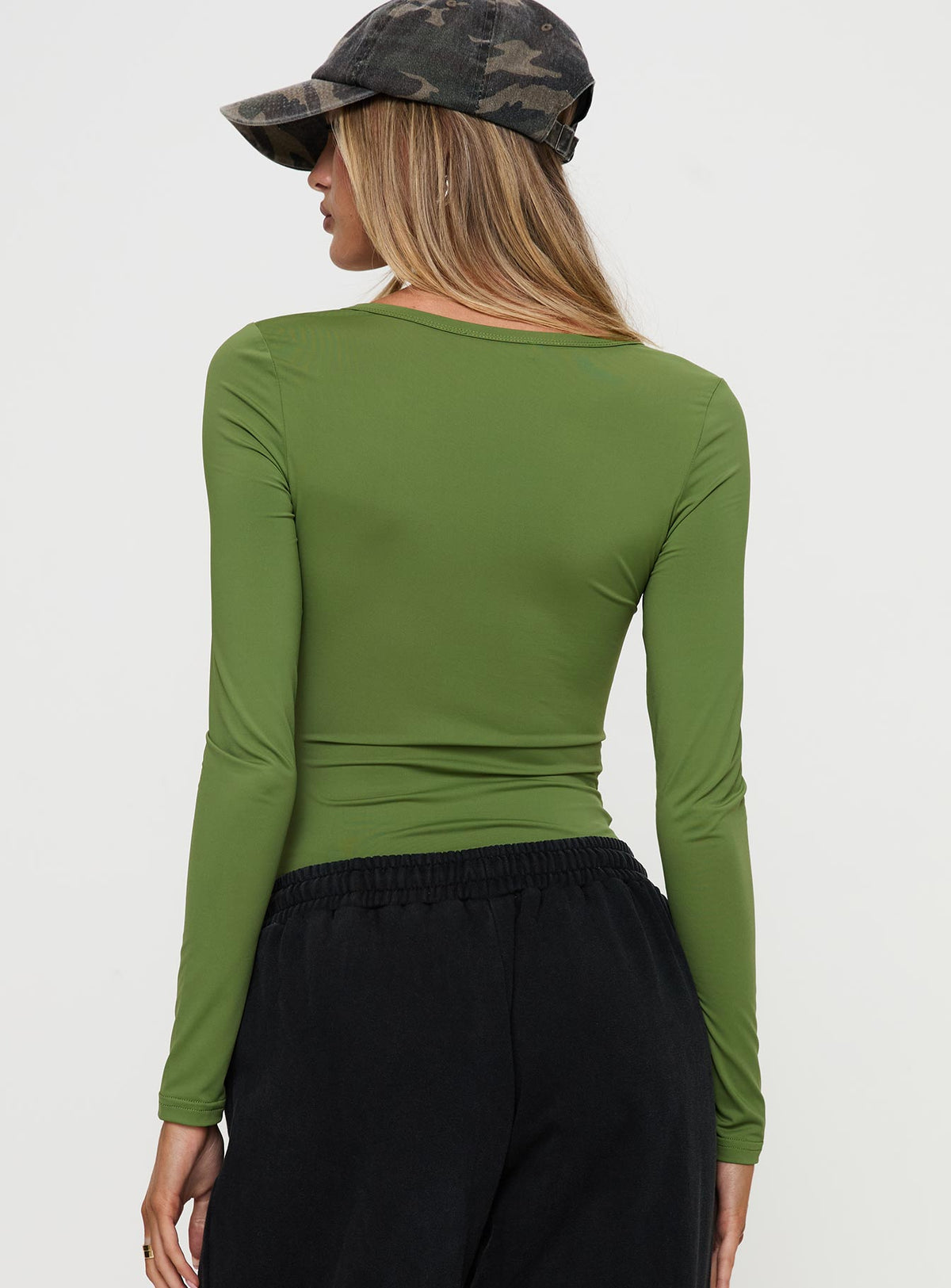 back view of model wearing Princess Polly Delgado Long Sleeve Bodysuit Olive Long Sleeve Tops Bodysuit 