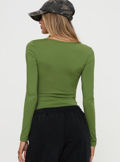 back view of model wearing Princess Polly Delgado Long Sleeve Bodysuit Olive Long Sleeve Tops Bodysuit 