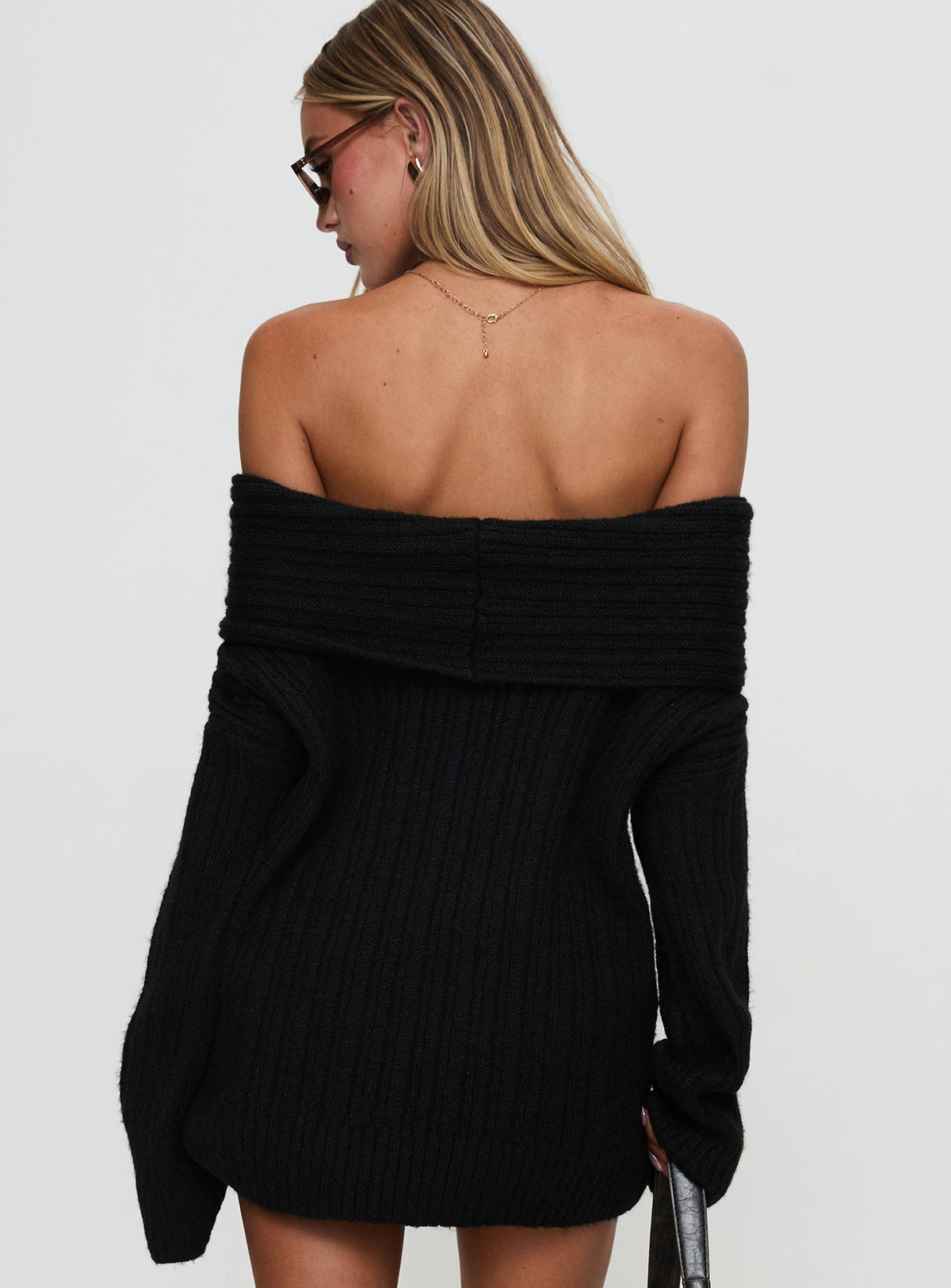 back view of model wearing Princess Polly Snowie Off Shoulder Knit Sweater Black Longline Jumpers Jumpers 