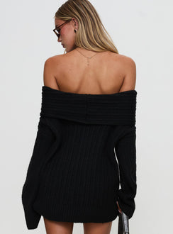 back view of model wearing Princess Polly Snowie Off Shoulder Knit Sweater Black Longline Jumpers Jumpers 