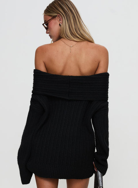 back view of model wearing Princess Polly Snowie Off Shoulder Knit Sweater Black Longline Jumpers Jumpers 