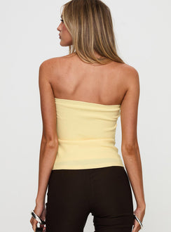 back view of model wearing Princess Polly Satellite Strapless Buckle Detail Top Yellow Sleeveless straight 