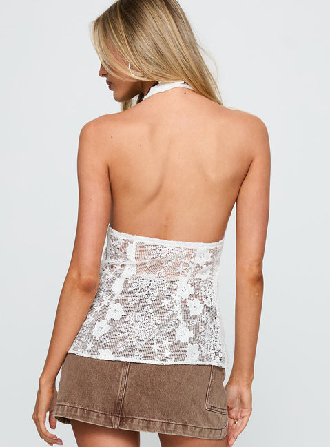 back view of model wearing Princess Polly Elevation Tie Up Longline Top White Sleeveless Plunger 