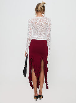 back view of model wearing Princess Polly Peachey Asymmetric Ruffle Midi Skirt Burgundy Midi Skirts Skirts 