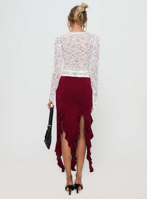 back view of model wearing Princess Polly Peachey Asymmetric Ruffle Midi Skirt Burgundy Midi Skirts Skirts 