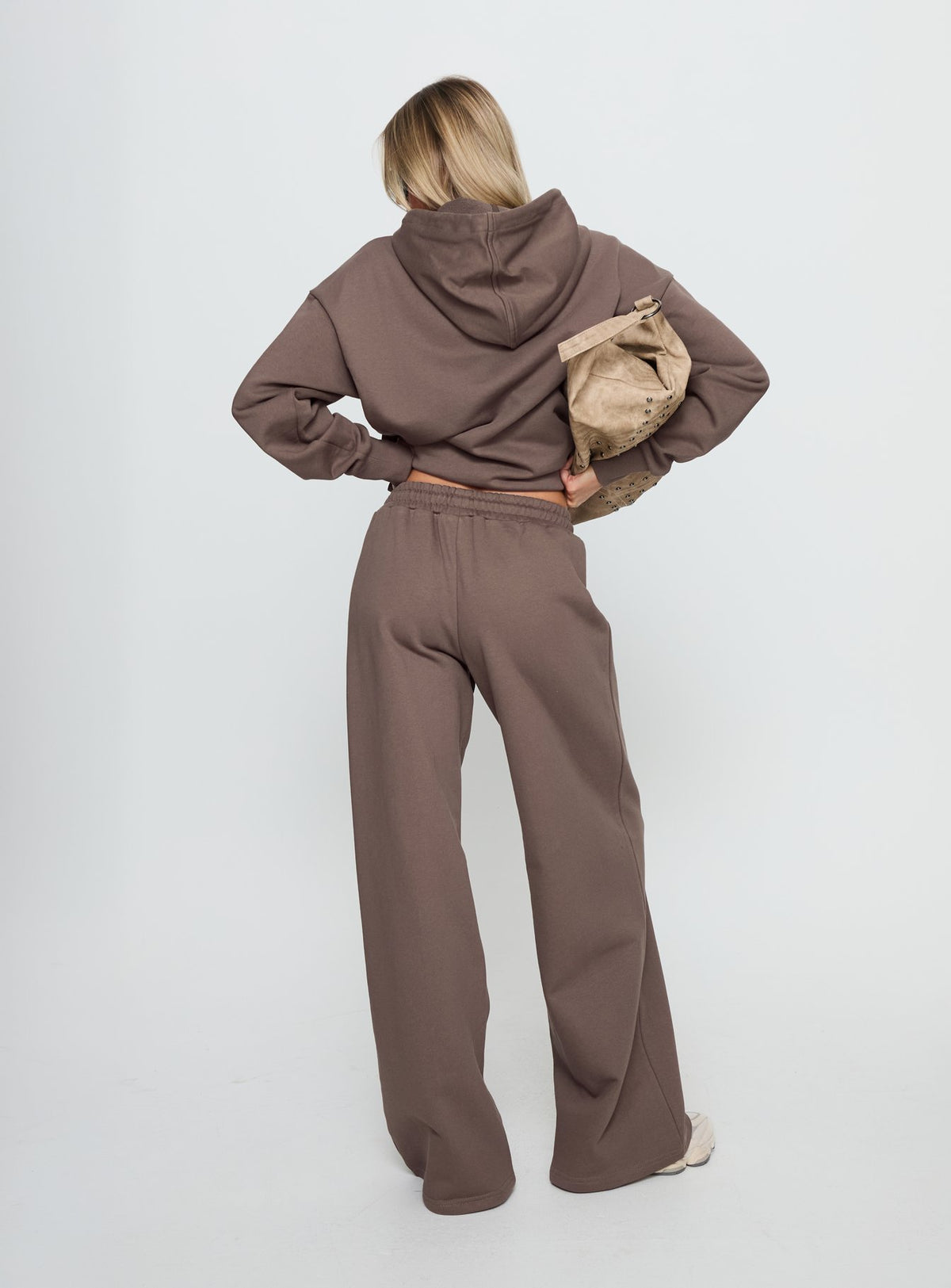 back view of model wearing Princess Polly All Day Straight Leg Sweatpants Mocha Mid Rise Pants Pants 