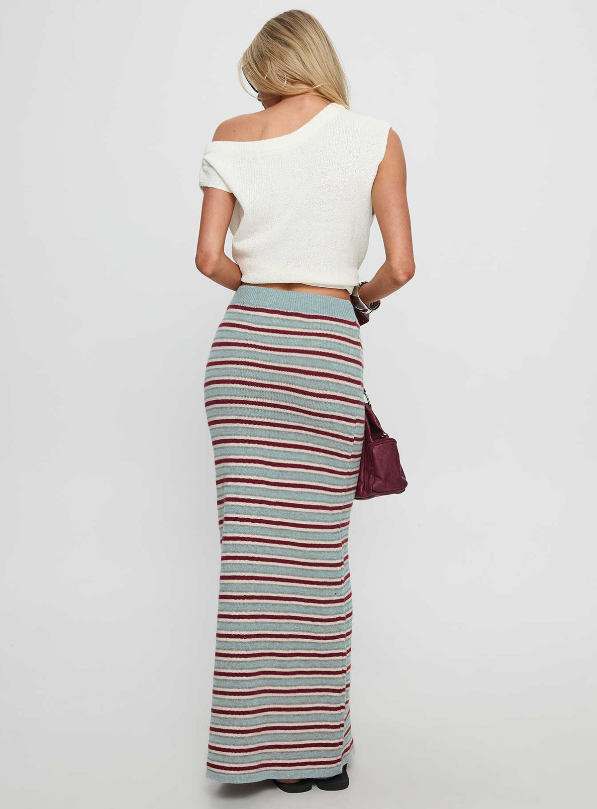 back view of model wearing Princess Polly On Air Knit Maxi Skirt Multi Stripe Skirts 