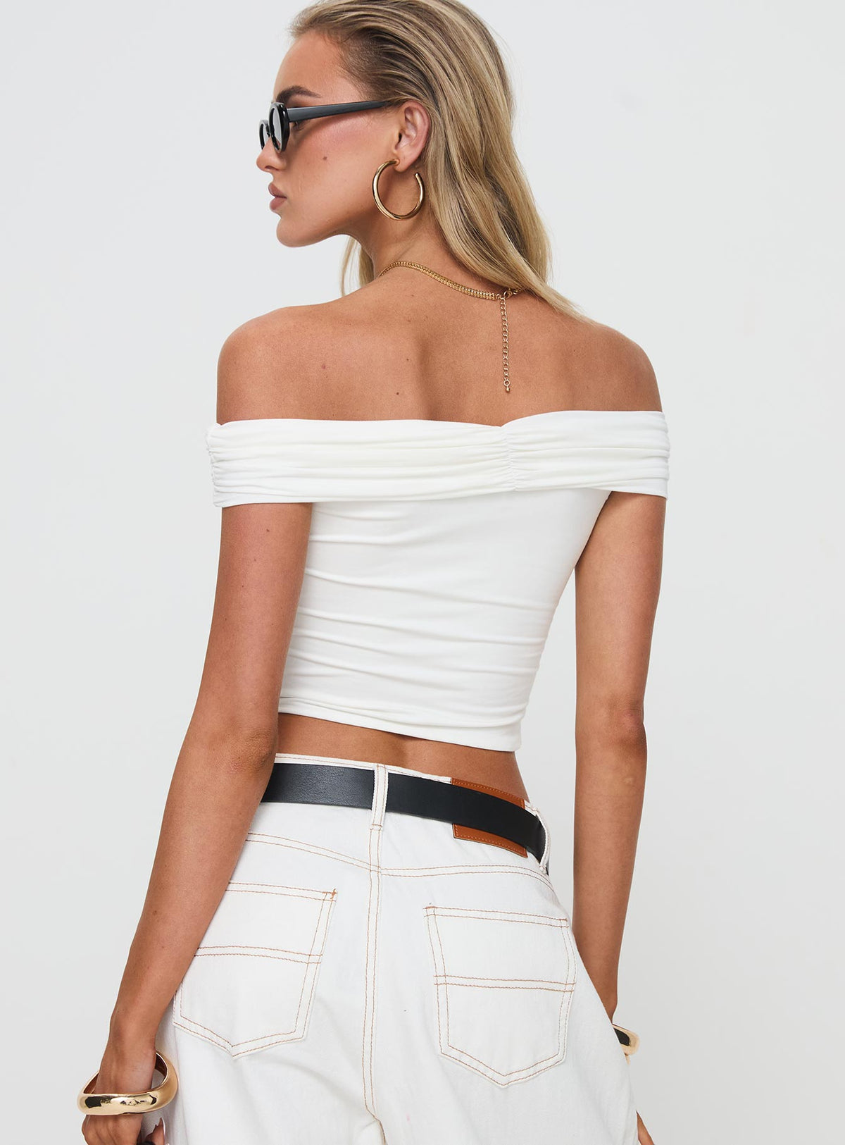 back view of model wearing Princess Polly Channel Off The Shoulder Top White Short Sleeves straight 