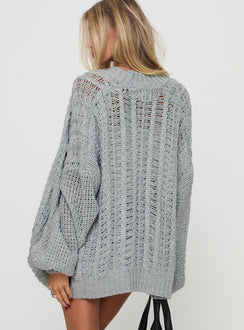 back view of model wearing Princess Polly Abner Cable Cardigan Light Grey Jumpers 