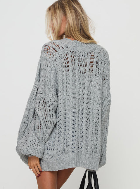 back view of model wearing Princess Polly Abner Cable Cardigan Light Grey Jumpers 