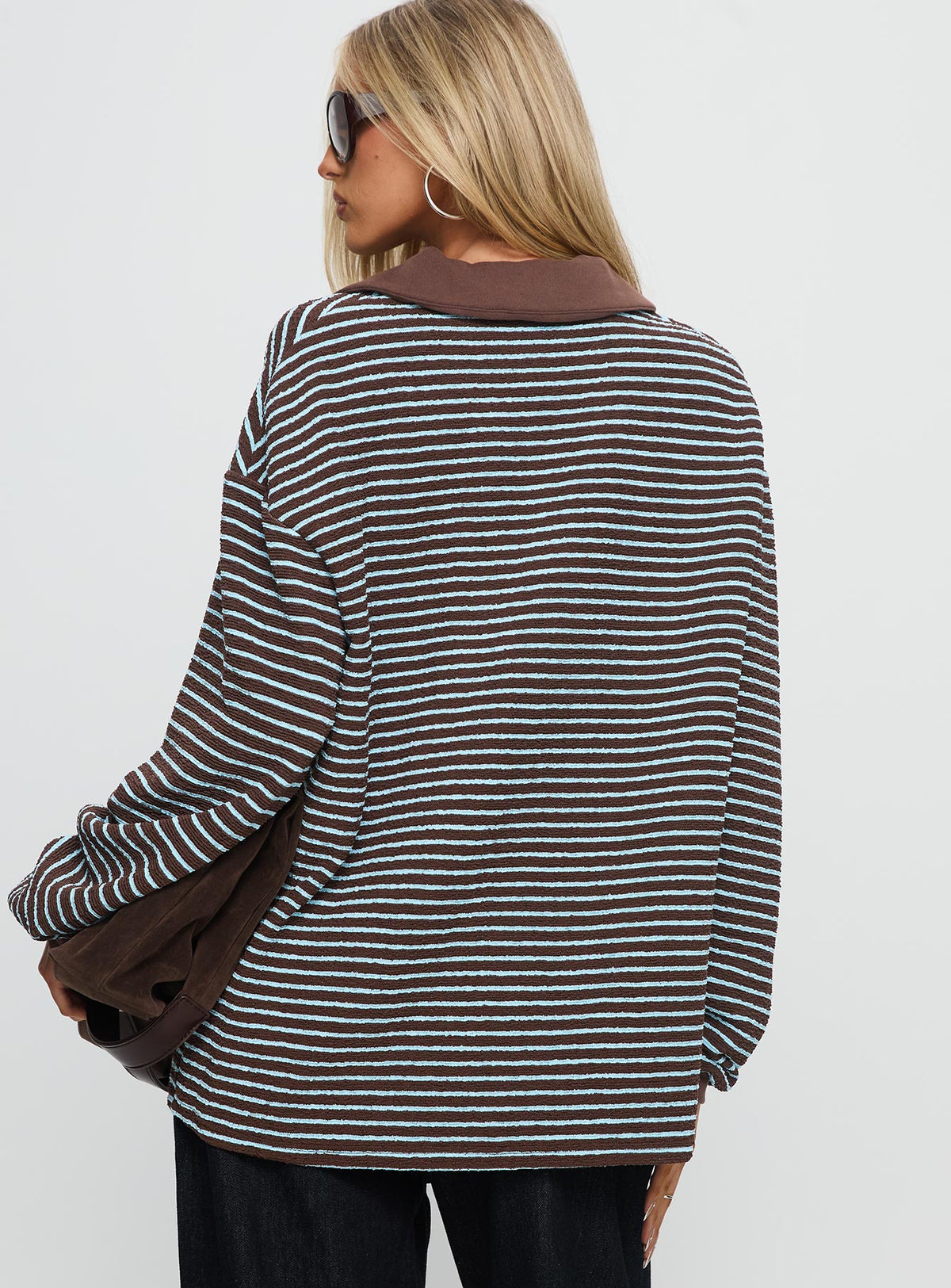 back view of model wearing Princess Polly Rigbys Collared Jumper Brown / Blue Stripe Longline Jumpers Jumpers 