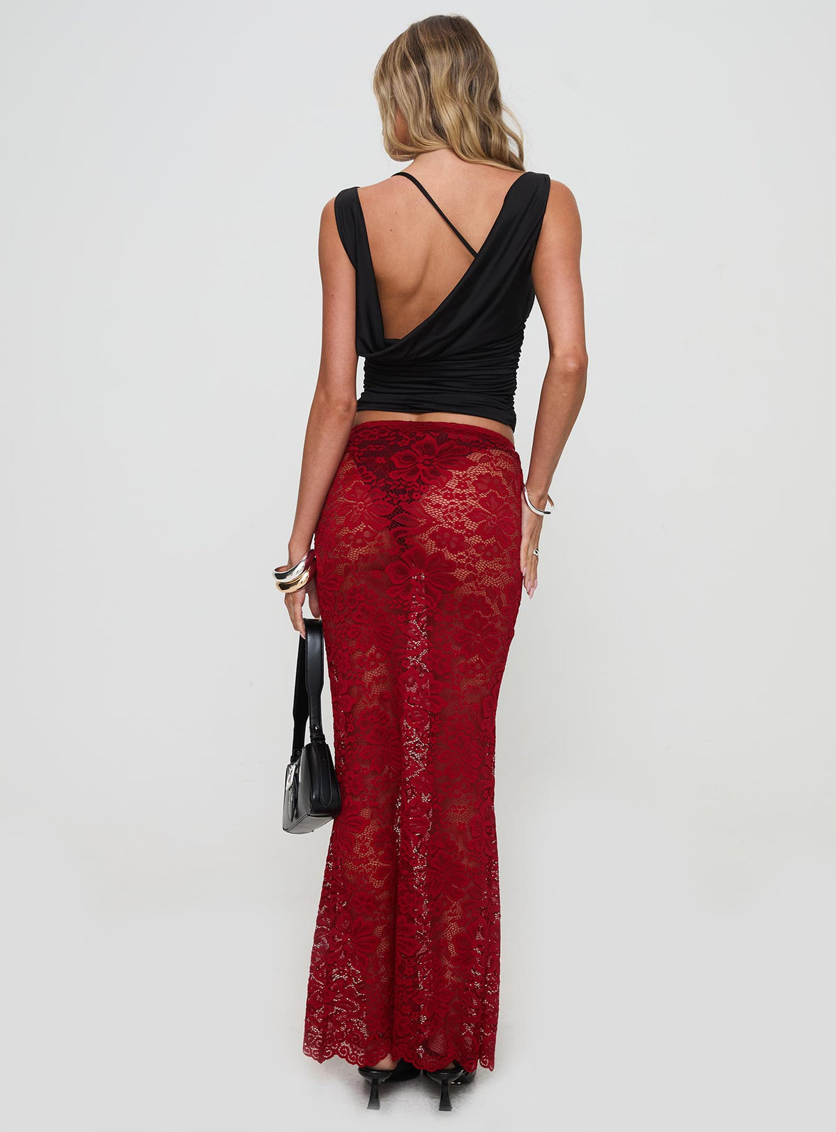 back view of model wearing Princess Polly Lombardio Lace Maxi Skirt Burgundy Maxi Skirts Skirts 