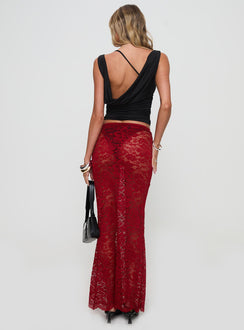 back view of model wearing Princess Polly Lombardio Lace Maxi Skirt Burgundy Maxi Skirts Skirts 