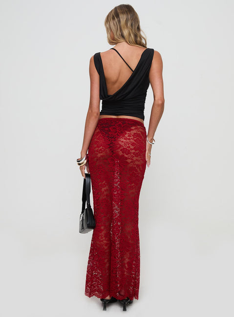 back view of model wearing Princess Polly Lombardio Lace Maxi Skirt Burgundy Maxi Skirts Skirts 
